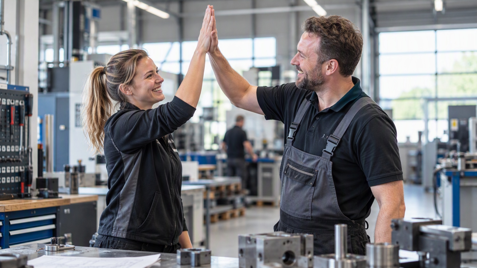 Beschäftigte betrachten gemeinsam einen realen Arbeitsablauf in einer technischen Arbeitsumgebung.