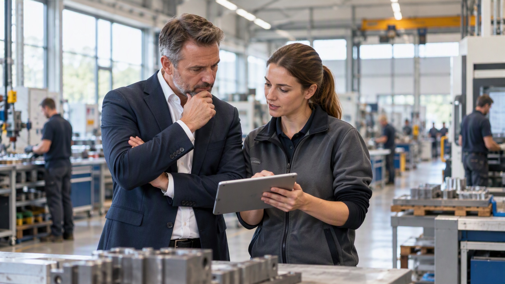 Zwei Fachkräfte betrachten gemeinsam technische Arbeitsunterlagen in einer Werkstatt.