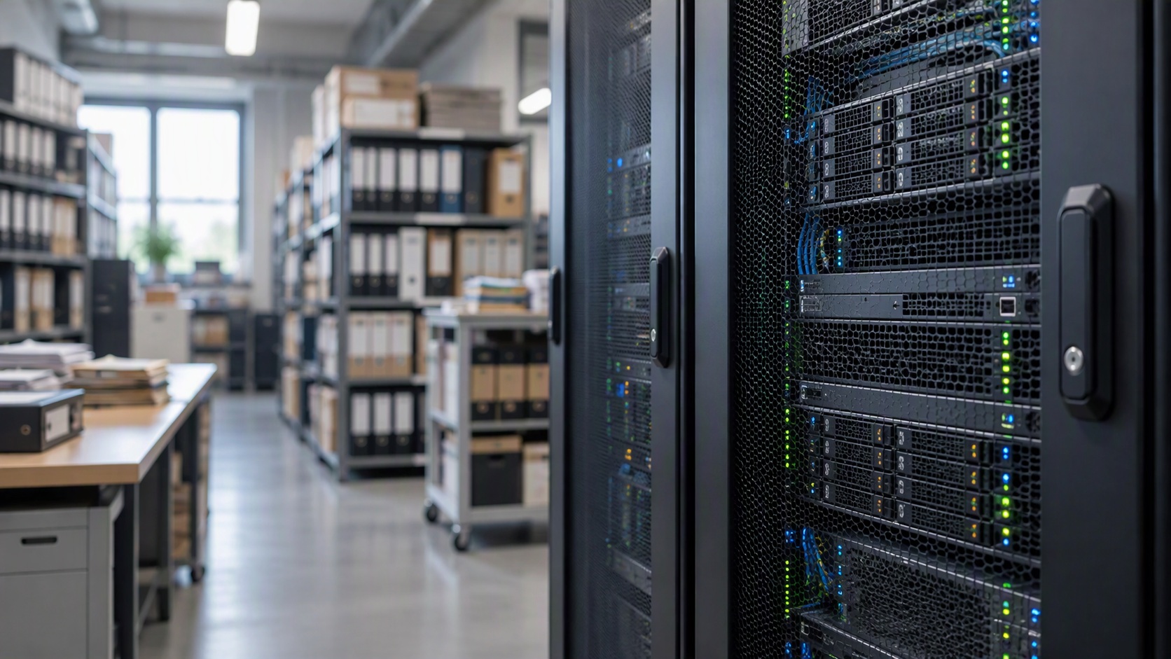 Moderne Servertechnik vor einem unscharfen Archiv mit Aktenordnern und Fachbüchern.